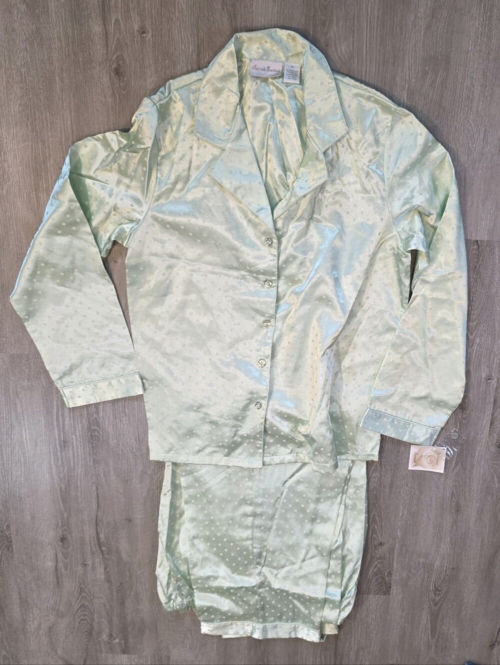 NWT Intimates Essentials Women's Pajama Set Mint Green Dot Satin Button Front XL